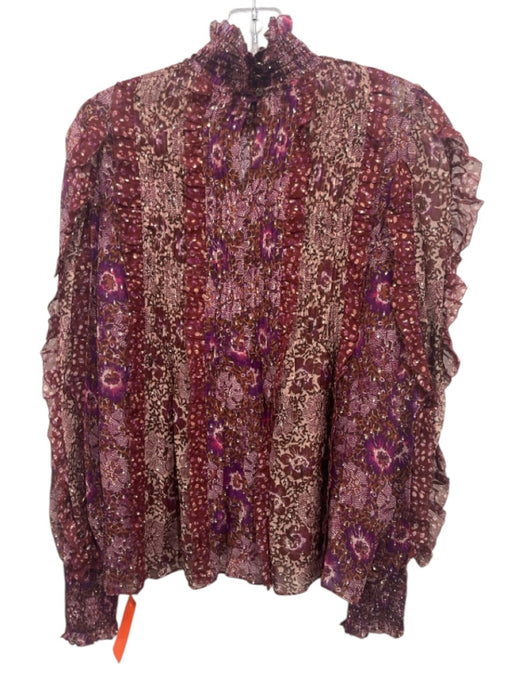 Ulla Johnson Size 6 Maroon & Multi Silk Blend Metallic Thread Floral Ruffle Top Maroon & Multi / 6