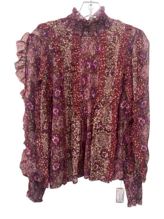Ulla Johnson Size 6 Maroon & Multi Silk Blend Metallic Thread Floral Ruffle Top Maroon & Multi / 6