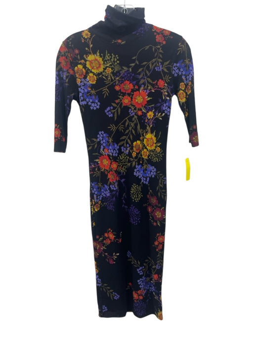 Fuzzi Size M Black, Purple, Red Polyamide 1/2 Sleeve Floral Print Midi Dress Black, Purple, Red / M