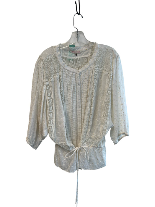 Rebecca Taylor Size 6 Ivory Cotton Round Neck Button Down Pintuck Top Ivory / 6