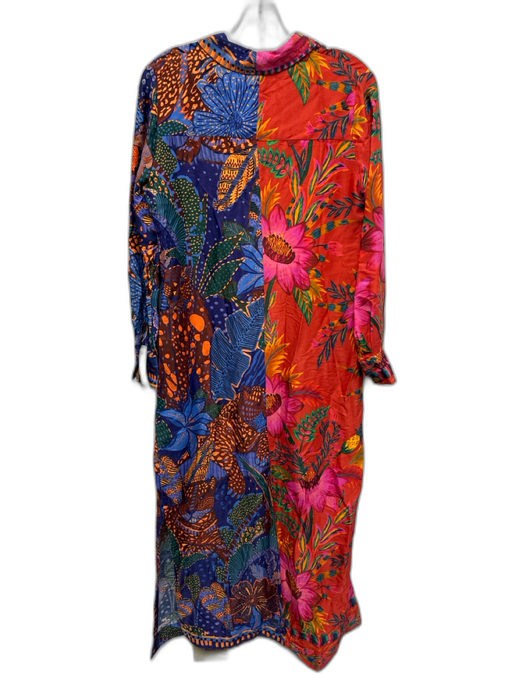 Farm Rio Size Est M blue, pink, multi Viscose Long Sleeve Floral Button up Dress blue, pink, multi / Est M
