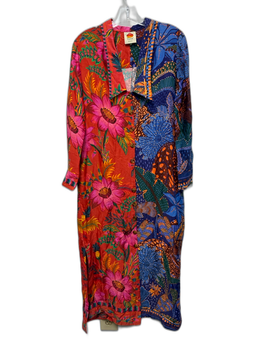 Farm Rio Size Est M blue, pink, multi Viscose Long Sleeve Floral Button up Dress blue, pink, multi / Est M