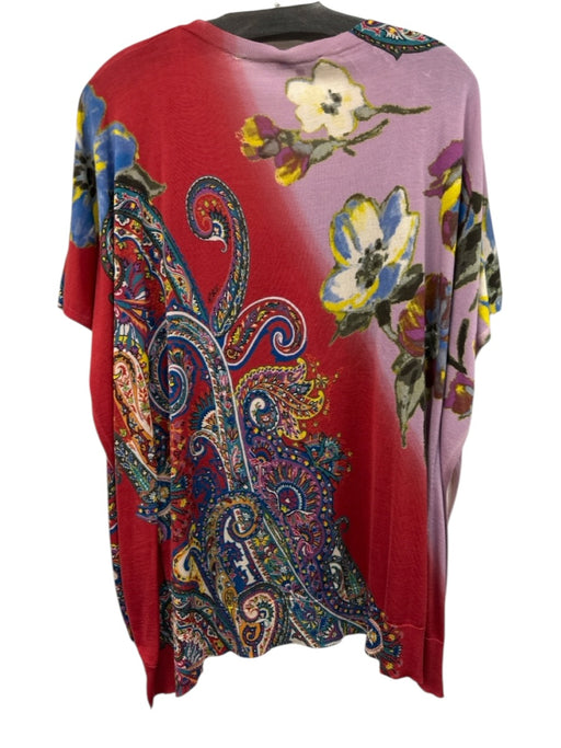 Etro Size Small Red, Blue, Yellow Silk Cap Sleeve Floral Paisley V Neck Sweater Red, Blue, Yellow / Small
