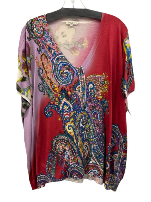 Etro Size Small Red, Blue, Yellow Silk Cap Sleeve Floral Paisley V Neck Sweater Red, Blue, Yellow / Small