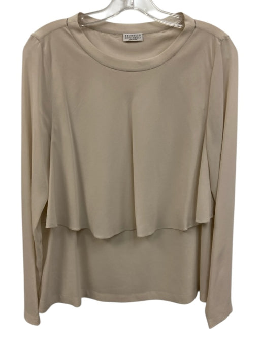Brunello Cucinelli Size XL Cream Beige Silk Blend Long Sleeve Layered Detail Top Cream Beige / XL