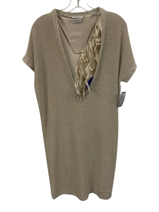 Brunello Cucinelli Size XL Cream Beige Cotton & Silk Blend Knit V Neck Dress Cream Beige / XL