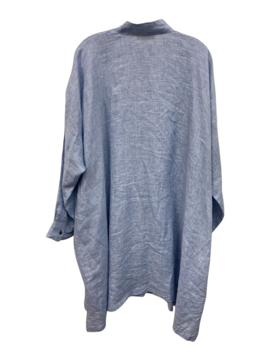 Eskandar Size 1 Blue & White Linen Plaid Long Sleeve Button Front Pocketed Dress Blue & White / 1