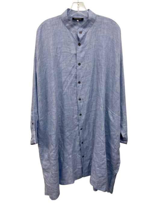 Eskandar Size 1 Blue & White Linen Plaid Long Sleeve Button Front Pocketed Dress Blue & White / 1
