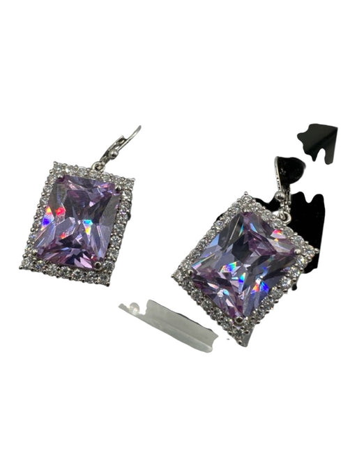 Purple & Clear Silver Tone Metal Faceted Crystal Dangle Rectangle Earrings Purple & Clear