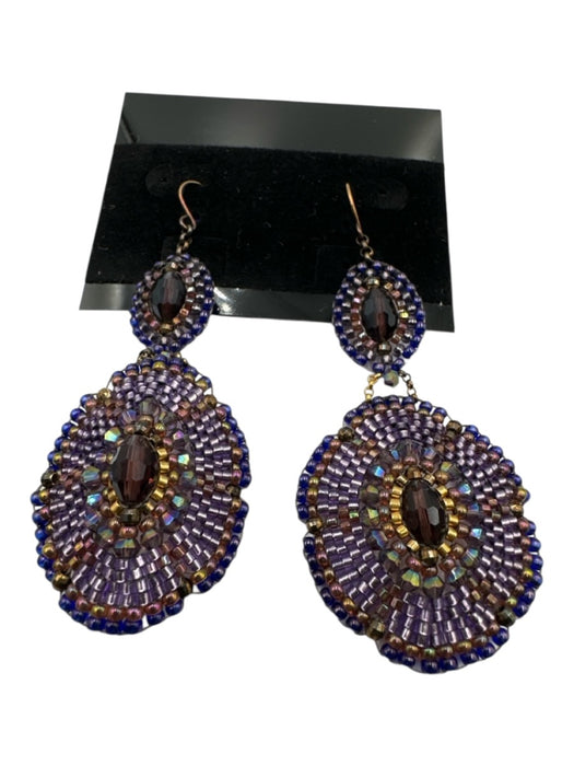 Purple & Brown Beaded Oval Dangle Fish Hook Earrings Purple & Brown