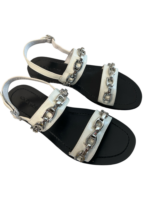 Coach Shoe Size 8 Silver & White Leather Silver Hardware Logo chain Flats Shoes Silver & White / 8