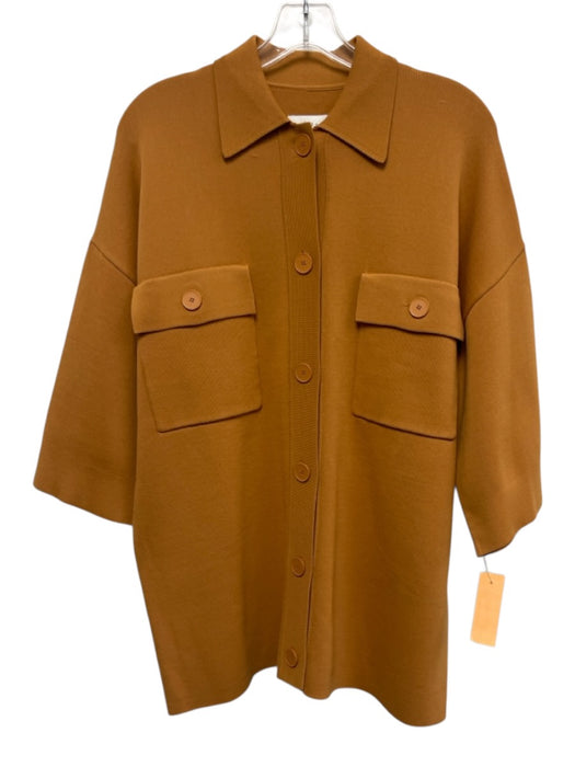 Sandro Size 3/L Tan Brown Viscose Blend Half Sleeve Button Front Collar Dress Tan Brown / 3/L