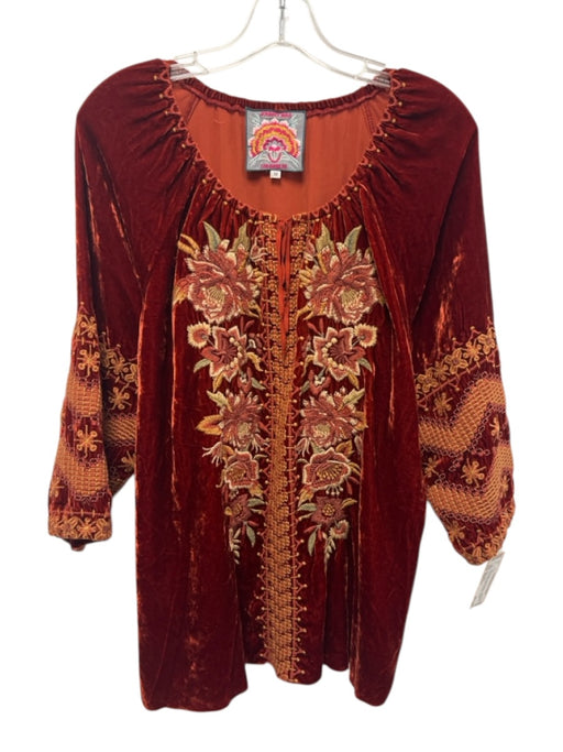 Johnny Was Size Medium Rust Orange Rayon Blend Long Sleeve Floral Embroidery Top Rust Orange / Medium