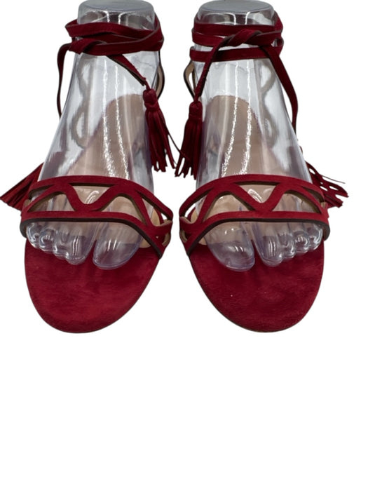 Chloe Shoe Size 38 Burgundy Red Leather Suede Ankle Wrap Cut Out Tassel Sandals Burgundy Red / 38