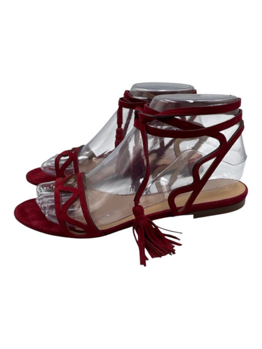 Chloe Shoe Size 38 Burgundy Red Leather Suede Ankle Wrap Cut Out Tassel Sandals Burgundy Red / 38