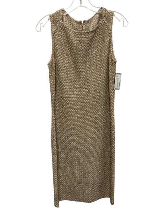 St John Size 6 Beige & Gold Wool Blend Sleeveless Metallic Thread Midi Dress Beige & Gold / 6