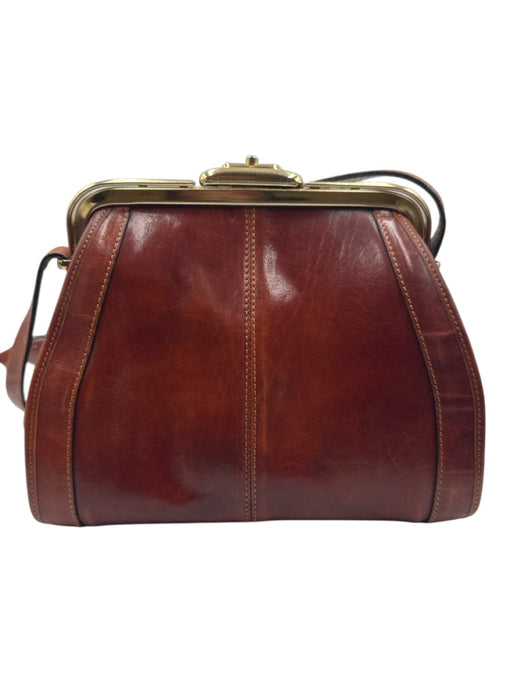 Oroton Brown & Gold Cowhide Leather Gold hardware Pouch Latch Closure Bag Brown & Gold