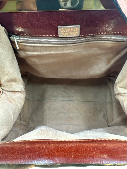 Oroton Brown & Gold Cowhide Leather Gold hardware Pouch Latch Closure Bag Brown & Gold
