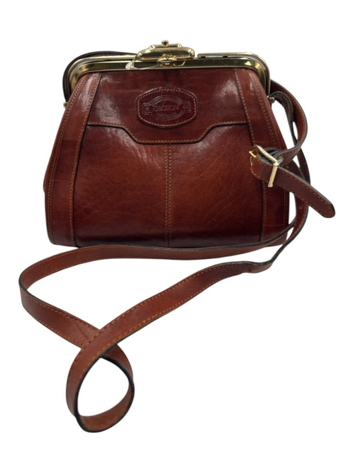 Oroton Brown & Gold Cowhide Leather Gold hardware Pouch Latch Closure Bag Brown & Gold