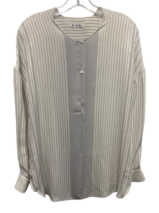 Loro Piana Size M Cream White & Black Silk Long Sleeve Stripe 1/2 Button Top Cream White & Black / M