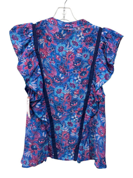 Chufy Size S blue, pink, multi Cotton & Silk Ruffle Cap Sleeve Floral Print Top blue, pink, multi / S