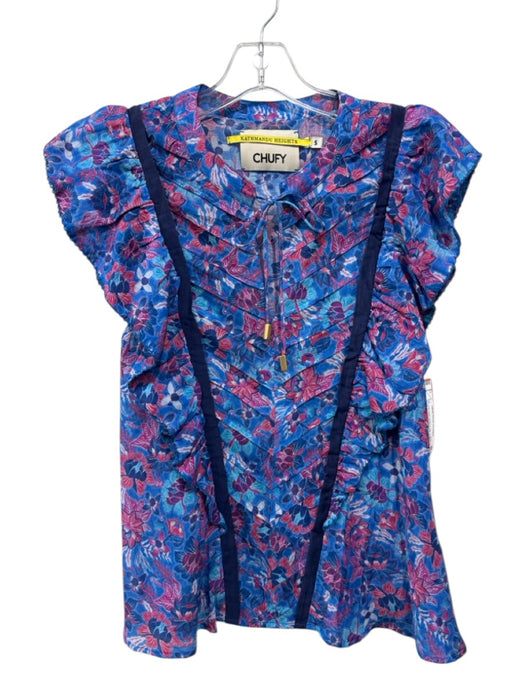 Chufy Size S blue, pink, multi Cotton & Silk Ruffle Cap Sleeve Floral Print Top blue, pink, multi / S