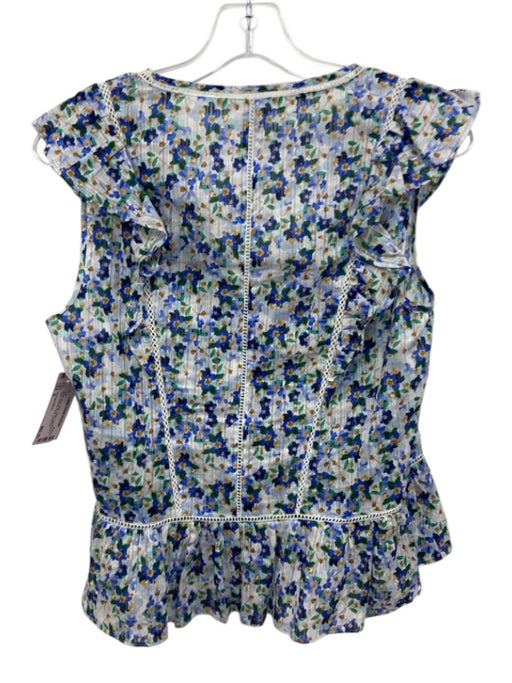 Veronica Beard Size 6 White, Blue, Multi Cotton Cap Sleeve V Neck Buttons Top White, Blue, Multi / 6