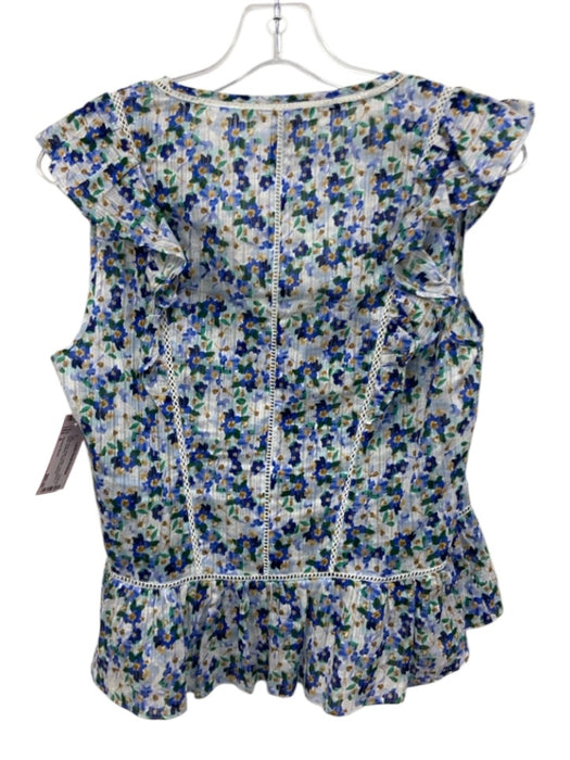 Veronica Beard Size 6 White, Blue, Multi Cotton Cap Sleeve V Neck Buttons Top White, Blue, Multi / 6