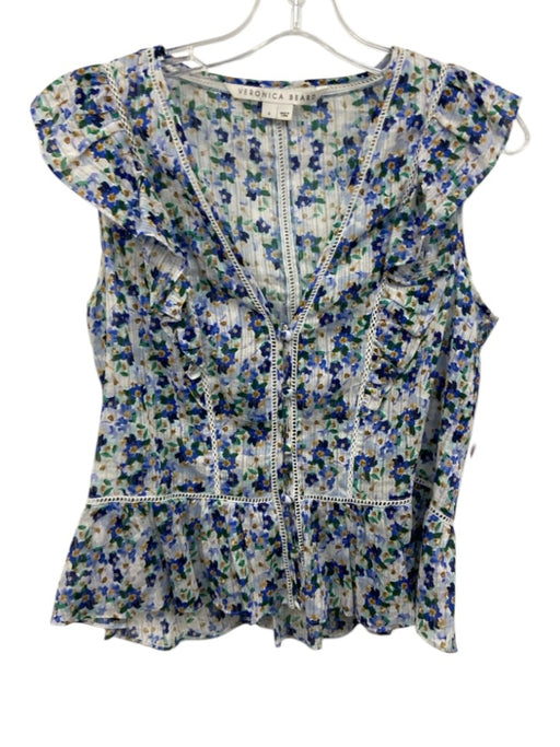 Veronica Beard Size 6 White, Blue, Multi Cotton Cap Sleeve V Neck Buttons Top White, Blue, Multi / 6