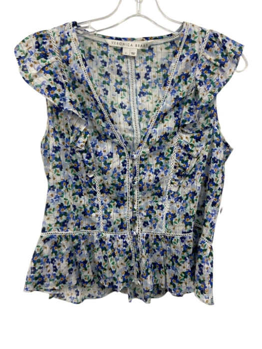 Veronica Beard Size 6 White, Blue, Multi Cotton Cap Sleeve V Neck Buttons Top White, Blue, Multi / 6