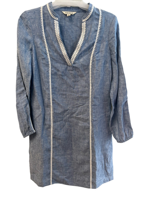 Boden Size 4 Blue Linen round split neck Long Sleeve Trim Design Dress Blue / 4