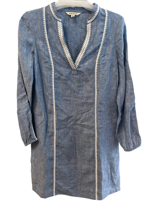 Boden Size 4 Blue Linen round split neck Long Sleeve Trim Design Dress Blue / 4