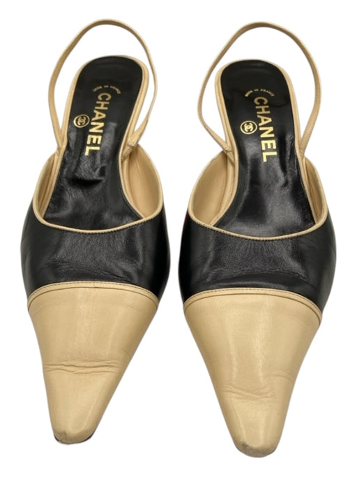 Chanel Shoe Size 38.5 Black & Beige Leather Cap Toe Kitten Heel Pump Slingbacks Black & Beige / 38.5