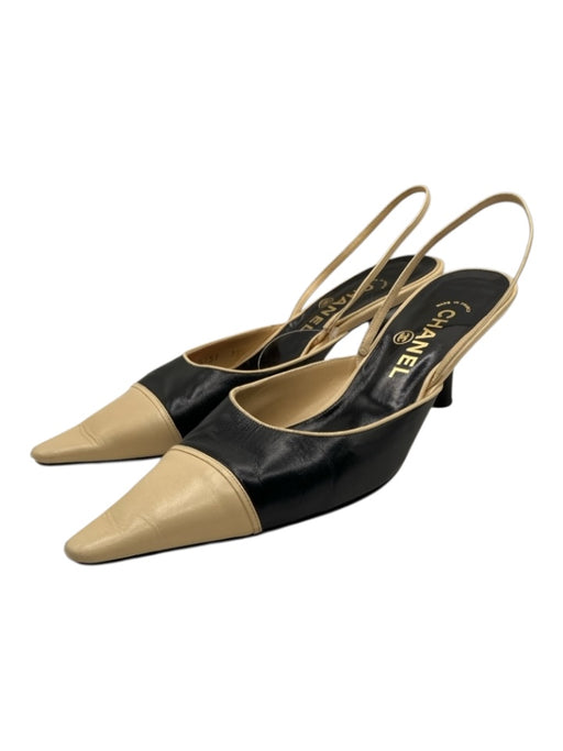 Chanel Shoe Size 38.5 Black & Beige Leather Cap Toe Kitten Heel Pump Slingbacks Black & Beige / 38.5