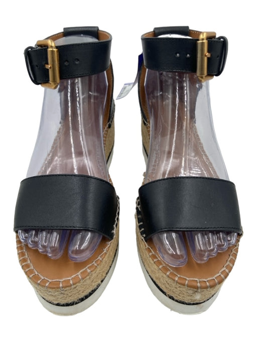 See By Chloe Shoe Size 37 Black & Beige Leather Espadrille Ankle Strap Sandals Black & Beige / 37