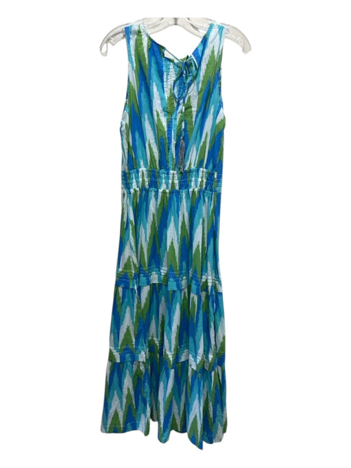 Mare Sole Amore Size S Blue & Green Cotton Pintucks Ikat Tie Neck Maxi Dress Blue & Green / S