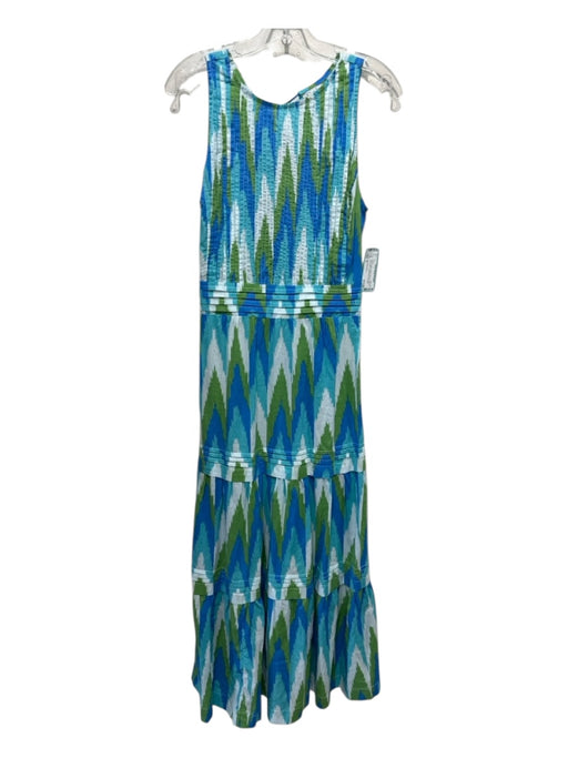 Mare Sole Amore Size S Blue & Green Cotton Pintucks Ikat Tie Neck Maxi Dress Blue & Green / S