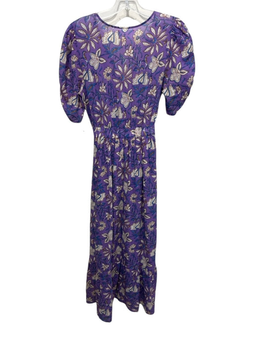 XiRENA Size S purple, blue, beige Cotton Short Puff Sleeve Floral Print Dress purple, blue, beige / S