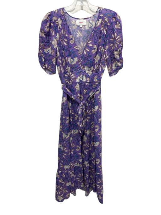 XiRENA Size S purple, blue, beige Cotton Short Puff Sleeve Floral Print Dress purple, blue, beige / S