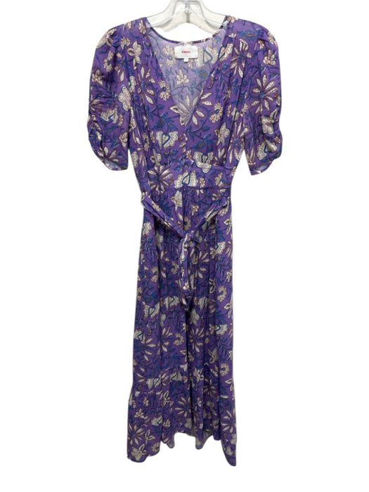 XiRENA Size S purple, blue, beige Cotton Short Puff Sleeve Floral Print Dress purple, blue, beige / S