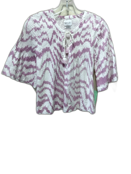 Saylor Size M White & Purple Cotton Pintuck Ikat Tassel Tie Detail Top White & Purple / M