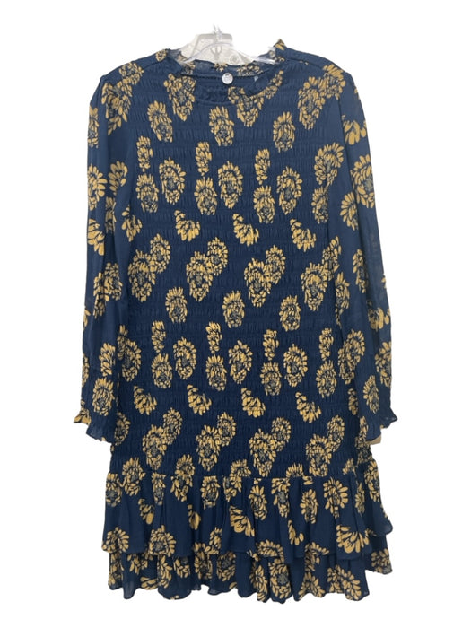 Margaret O'leary Size S Navy Blue & Yellow Viscose Smocked Bodice Floral Dress Navy Blue & Yellow / S