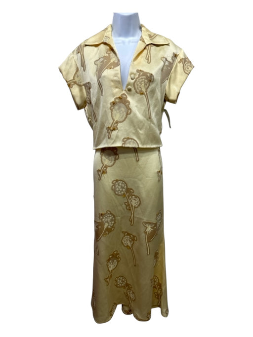 Hellessy Size 4 Yellow & Gold Acetate Collared Flowers Cap Sleeve Midi Skirt Set Yellow & Gold / 4