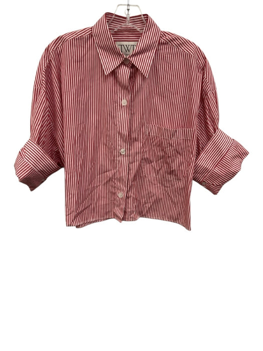 TWP Size XS/S Red & White Cotton Striped 1/2 Sleeve Button Up Cropped Top Red & White / XS/S