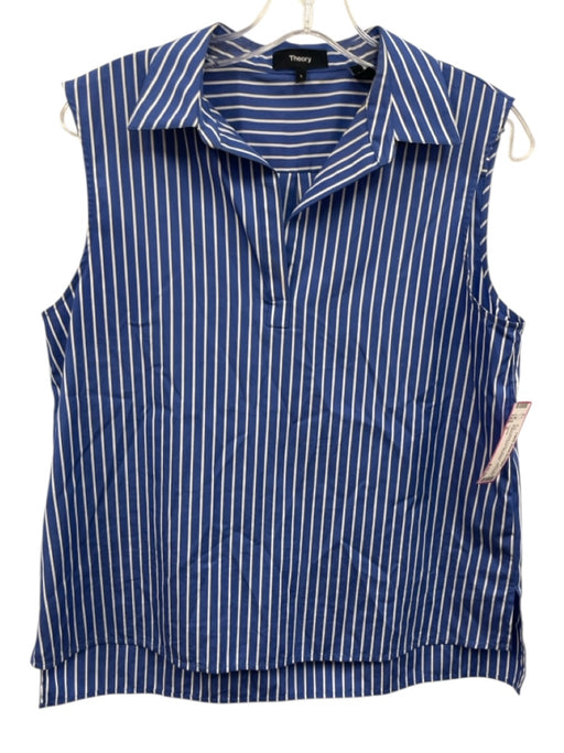Theory Size S Blue & White Cotton Striped Sleeveless Collared V Neck Top Blue & White / S