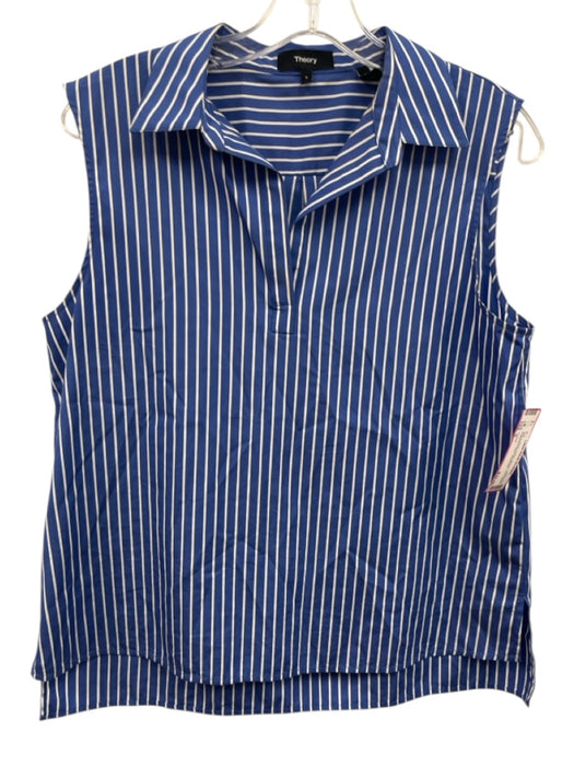 Theory Size S Blue & White Cotton Striped Sleeveless Collared V Neck Top Blue & White / S