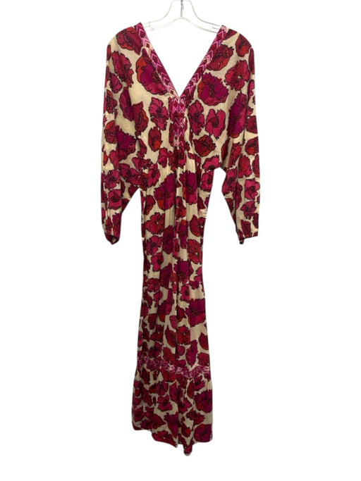 Ro's Garden Size S Cream Beige & Pink Cotton Floral Long Balloon Sleeve Dress Cream Beige & Pink / S