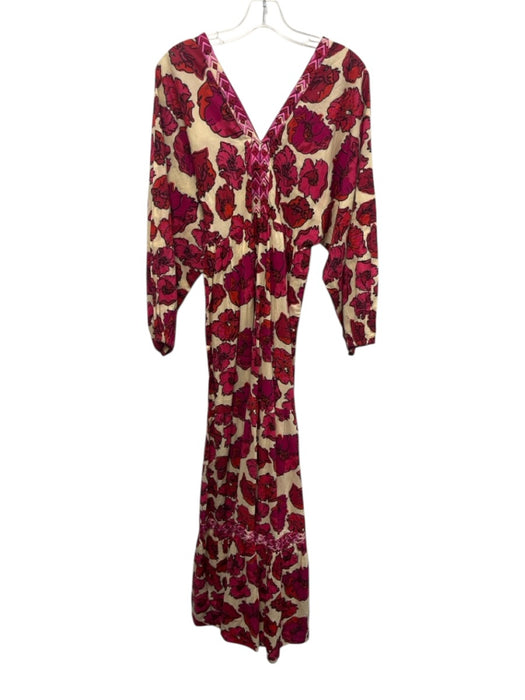 Ro's Garden Size S Cream Beige & Pink Cotton Floral Long Balloon Sleeve Dress Cream Beige & Pink / S