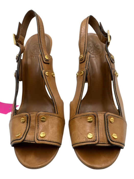 Tory Burch Shoe Size 9 Tan Brown Leather Upper Ankle Buckle Peep Toe Slingbacks Tan Brown / 9