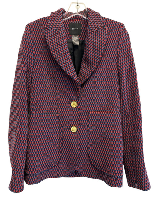 Smythe Size 4 Red & Navy Blue Print Nylon & Elastane 2 Buttons Blazer Jacket Red & Navy Blue Print / 4